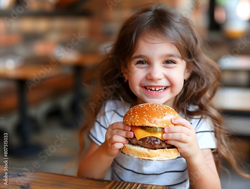 Cute little American girl enjoying burger on a restaurant background. Happy kid eating fast food.