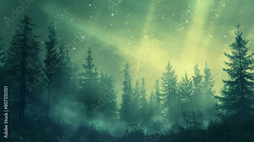 Enchanted forest bathed in mystical green aurora