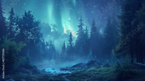 Enchanted forest under a mesmerizing aurora night sky