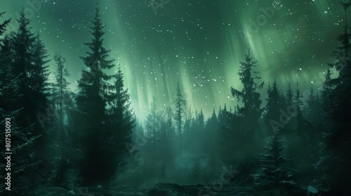 Enchanted forest under a mystical aurora lit sky