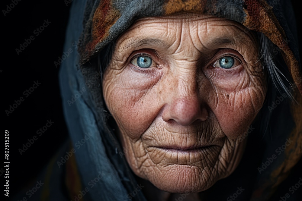 Close-up portrait of weathered elderly face