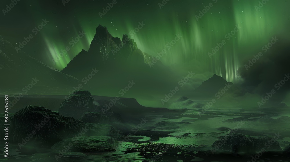 Mystical green auroras over a serene alien landscape
