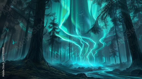 Ethereal forest bathed in the glow of mystical northern lights