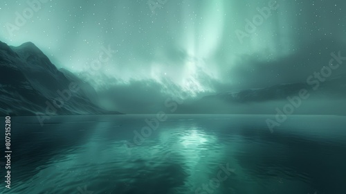 Mystical auroras sweep over a tranquil starlit mountain lake photo