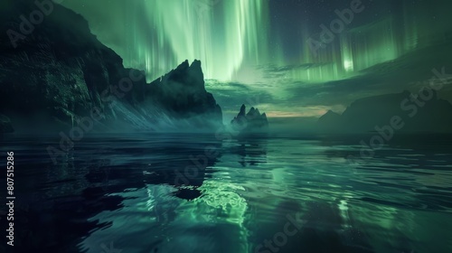 Mystical northern lights dance over serene water
