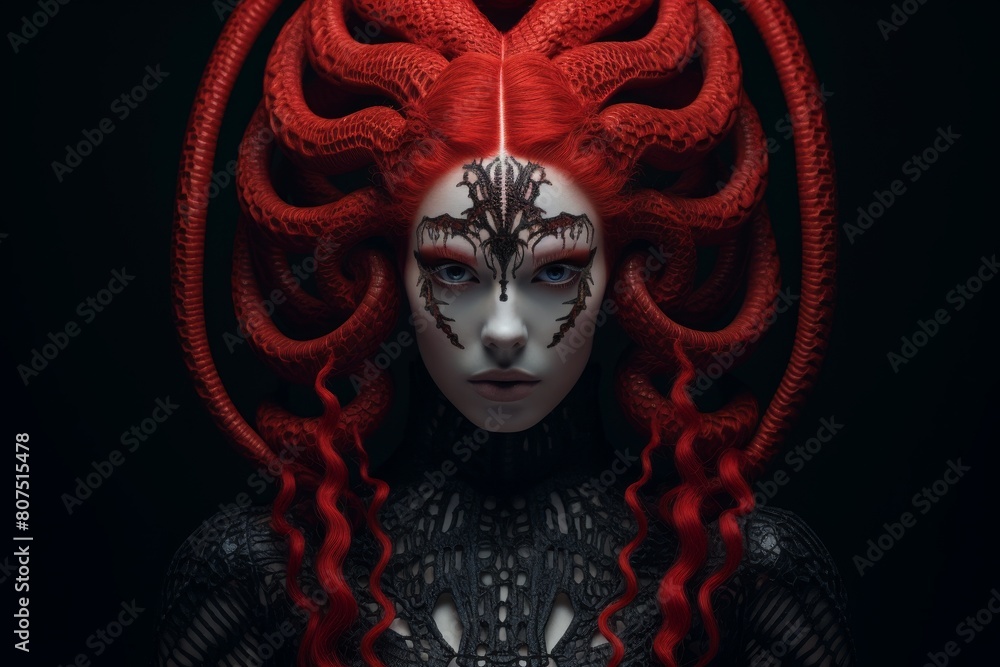 Obraz premium Striking dark fantasy portrait of a mysterious female figure with horns and intricate facial markings