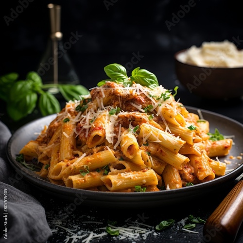 Delicious pasta dish with tomato sauce and parmesan