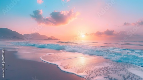 dreamy coastal sunrises with a majestic mountain backdrop, framed by a serene blue sky and fluffy white clouds