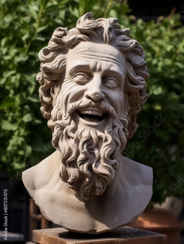 Laughing greek god statue in garden
