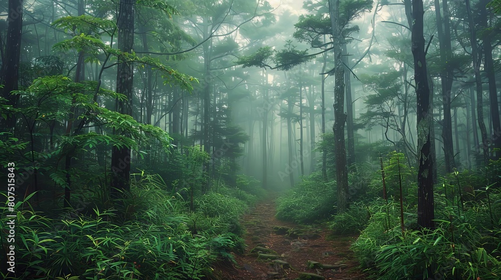 enchanting forest escapes with towering trees and a dirt path