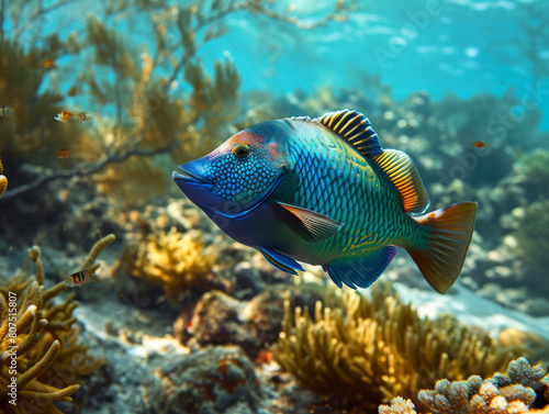 Vibrant Parrotfish Amidst Coral Reef