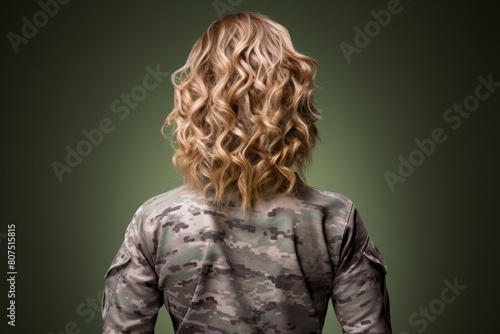 Curly blonde hair of a person in military uniform