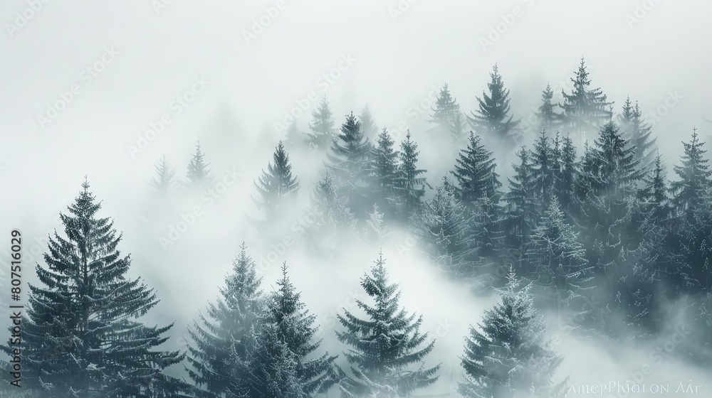 enigmatic foggy forests with evergreen trees covered in snow under a gray and white sky