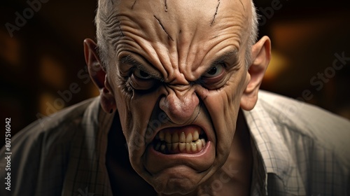 Angry bald man with intense facial expression