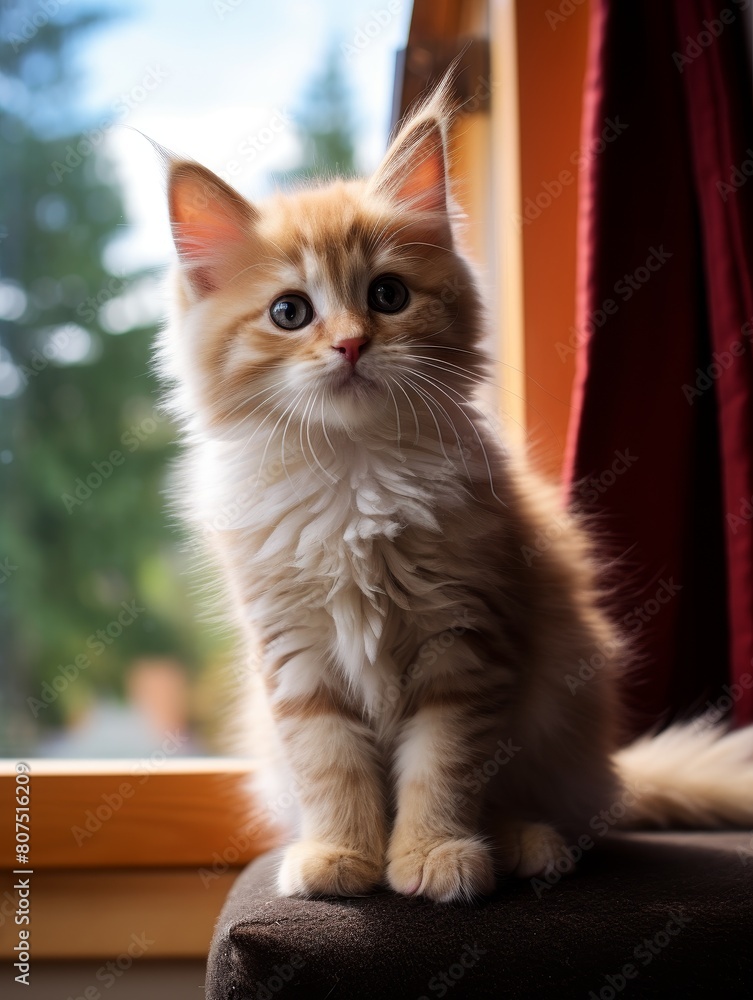Obraz premium Adorable fluffy kitten sitting on windowsill