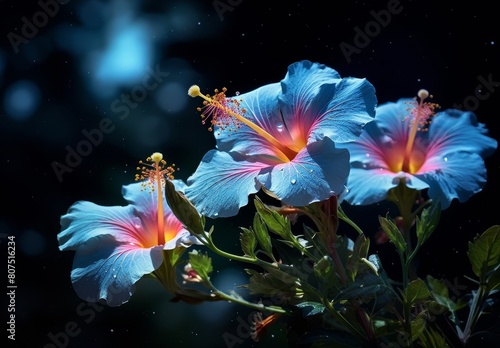 Vibrant blue hibiscus flowers blooming at night photo