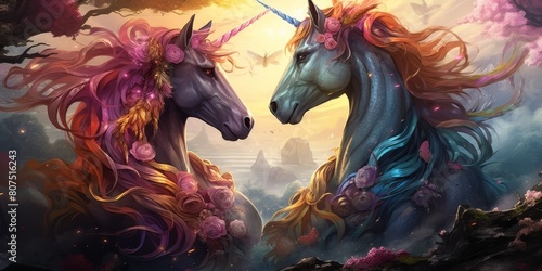 Mystical unicorns in a fantasy landscape