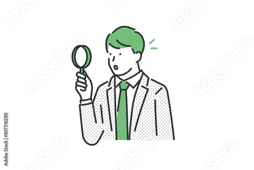 虫眼鏡で観察するスーツを着た男性