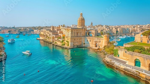 exotic aerial views of historic cities featuring white boats on blue waters, with a clear blue sky and a prominent building in the foreground