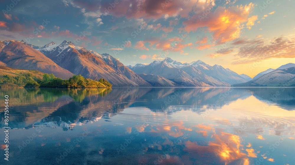 New Zealand landscape with mountains and lake at sunrise