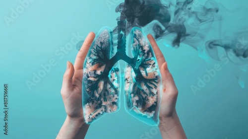 Holding Breath: Hyperrealistic Image of a Person Clutching Lungs Against a Blue Background with Black Smoke Particles, Lung with smoke, world no tobacco day, unhealthy addiction 
