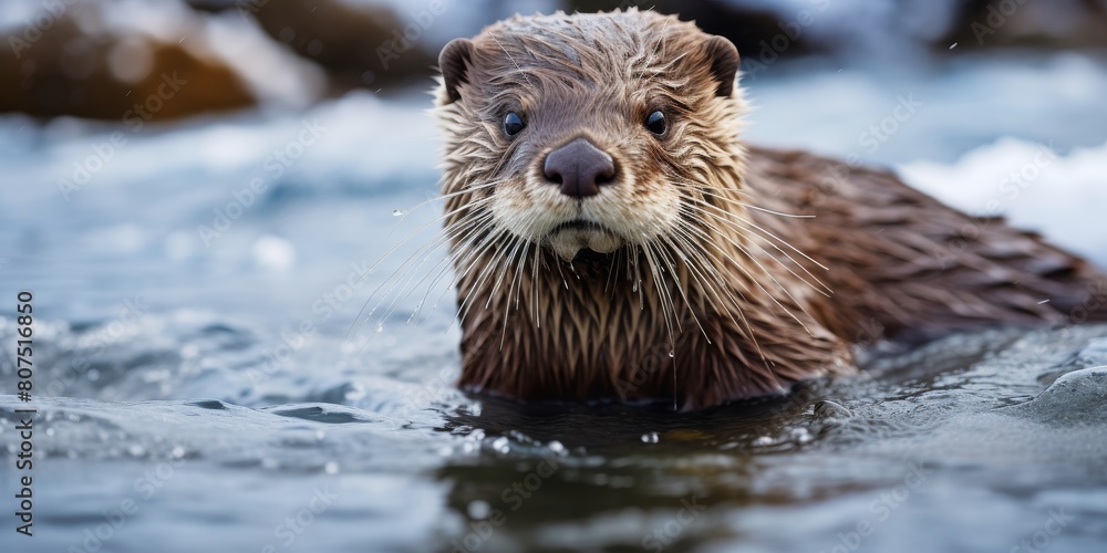 Fototapeta premium Curious otter in snowy river