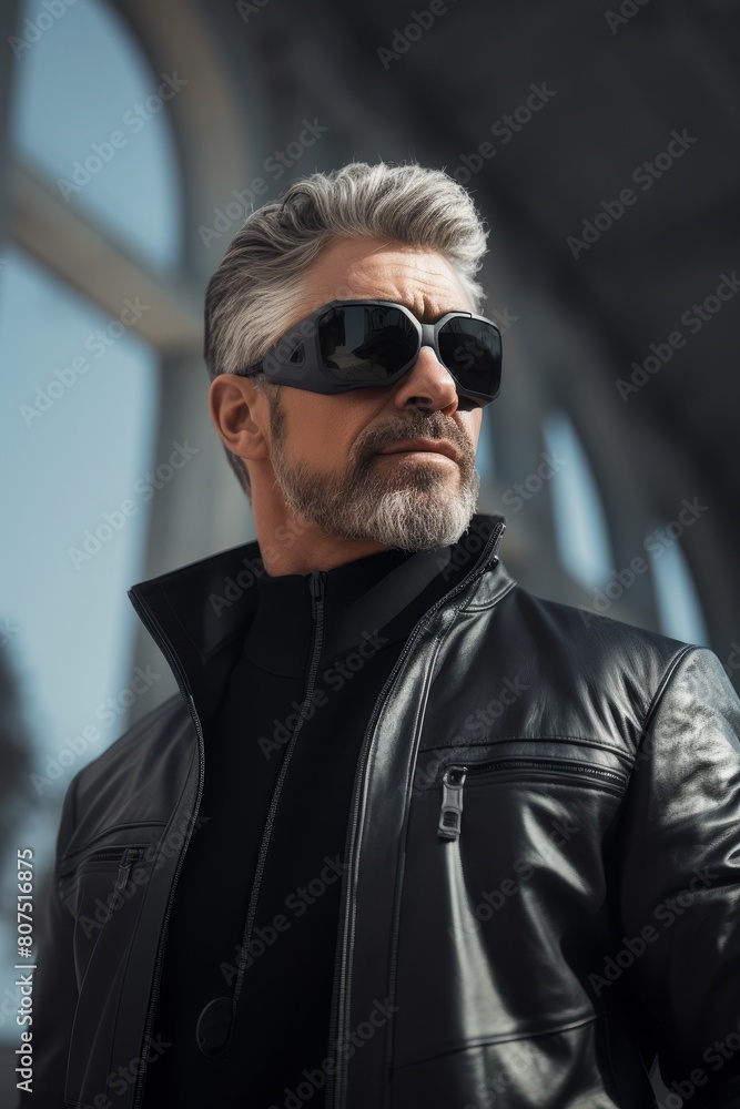 Fototapeta premium Stylish mature man in leather jacket and sunglasses