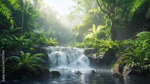 hidden gems of the rainforest a serene waterfall surrounded by lush greenery and a clear blue sky
