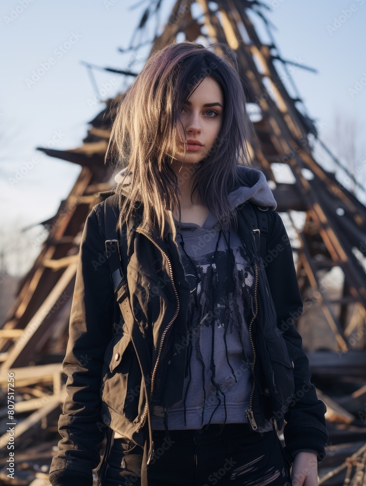 young woman in casual outfit standing in front of abandoned building