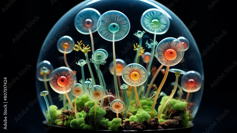 Enchanting glass terrarium with vibrant mushroom-like fungi Enchanting glass terrarium with vibrant mushroom-like fungi
