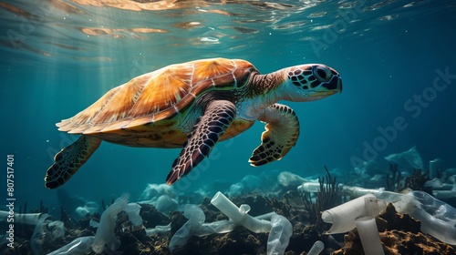 Plastic pollution with sea turtle swimming underwater among discarded plastic bottles