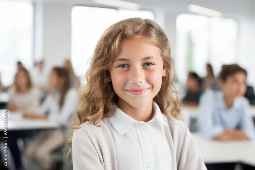 smiling young girl in school classroom