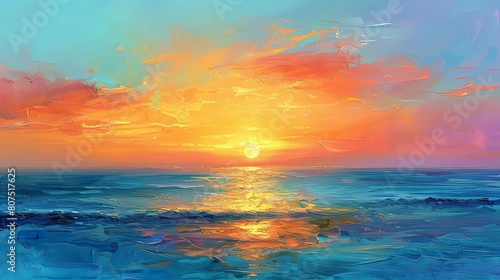 magical sunset over the horizon, with a vibrant orange and blue sky reflecting on the blue water
