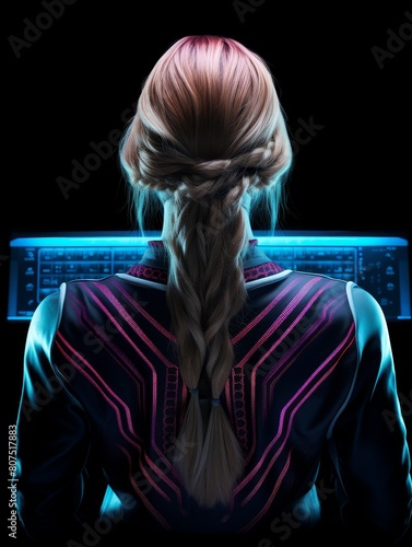 futuristic gamer girl with colorful hair and cyberpunk outfit photo