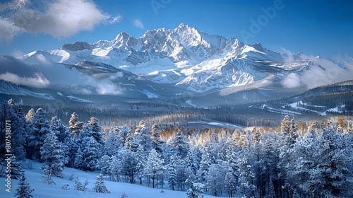 majestic rocky mountain landscapes under a clear blue sky with fluffy white clouds © YOGI C