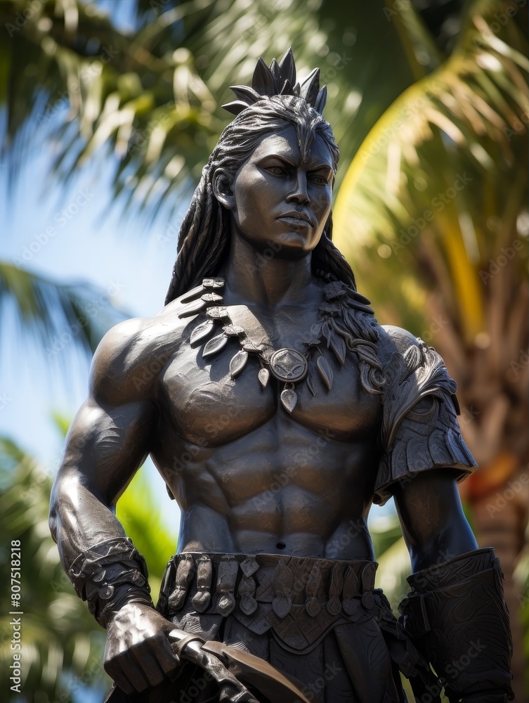 Muscular warrior statue in tropical setting Muscular warrior statue in tropical setting