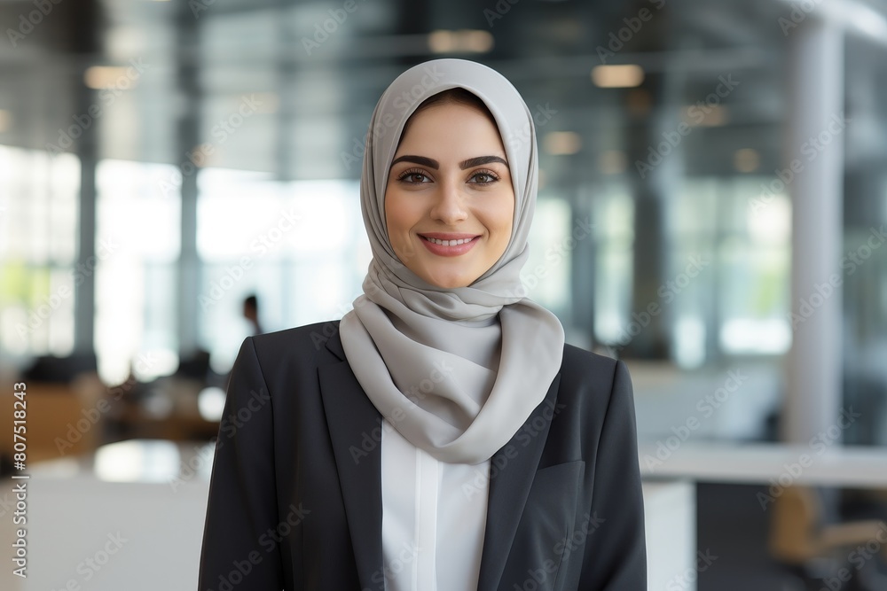 Smiling professional woman in business attire and hijab Smiling professional woman in business attire and hijab