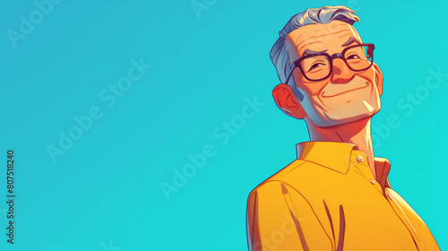 A cartoon man with glasses is smiling and wearing a yellow shirt
