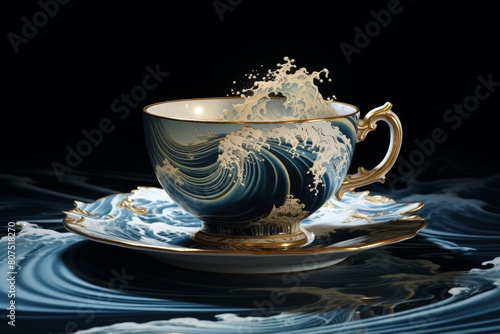 Artistic depiction of a teacup with crashing waves photo