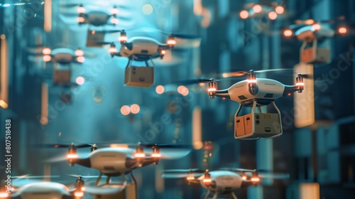 a swarm of autonomous drones delivering packages in a densely populated urban area photo