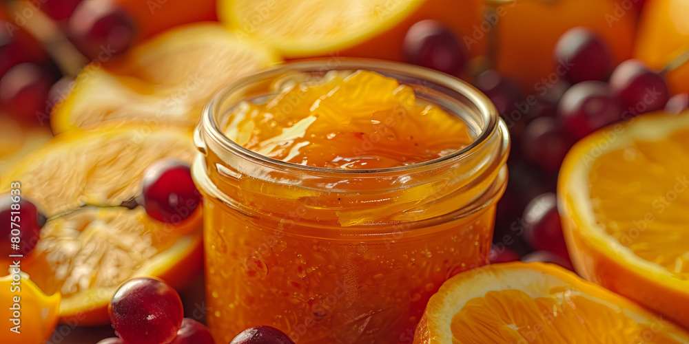 the homemade orange jam in the glass jar is surrounded fresh sliced orange, generative AI the homemade orange jam in the glass jar is surrounded fresh sliced orange, generative AI