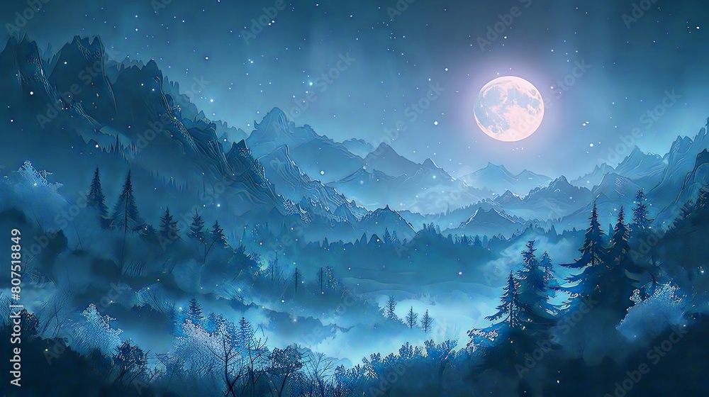mystical moonlit landscapes featuring a majestic mountain and a serene blue sky, with a lone tree standing tall in the foreground