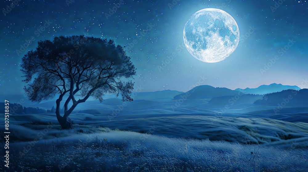 mystical moonlit landscapes featuring a large tree against a blue sky, with a brown trunk in the foreground