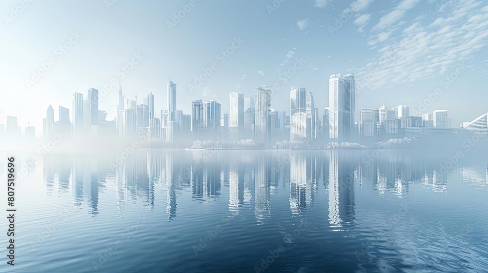 reflections of urban serenity on calm blue waters under a clear blue sky with a single white cloud