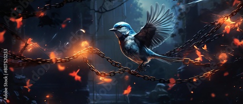 Bird escaping from chains in a magical forest setting, depicting freedom photo