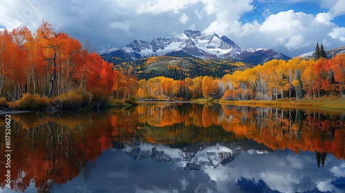 spectacular fall nature photography featuring orange and yellow trees  calm water  and a white and blue sky