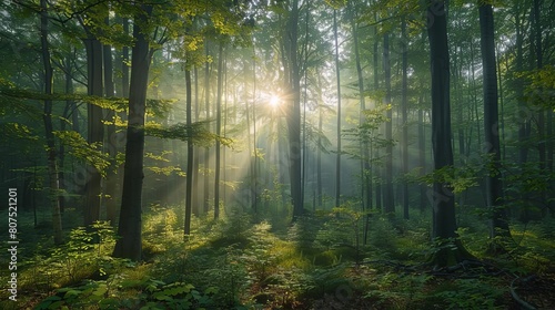 sunlit forest clearings with tall trees and a brown tree in the foreground