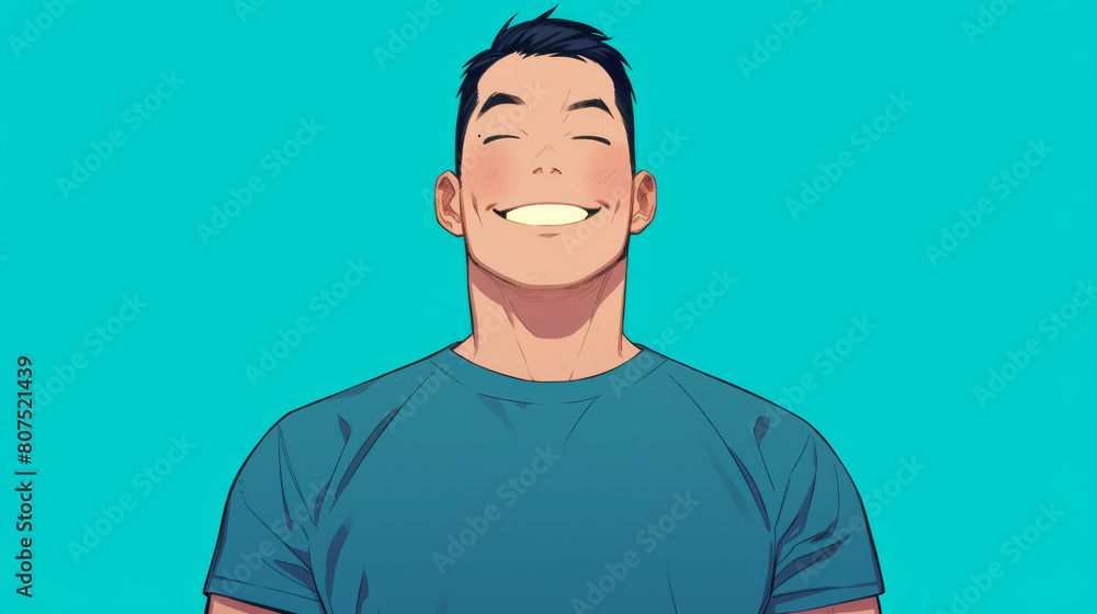 A man with a blue shirt is smiling and has a big smile on his face A man with a blue shirt is smiling and has a big smile on his face