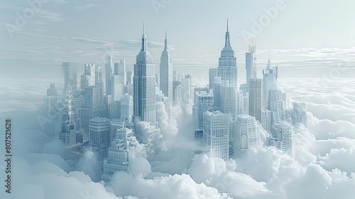 surreal city skylines in the clouds  featuring a towering skyscraper  a bustling street  and a serene river flowing through the center