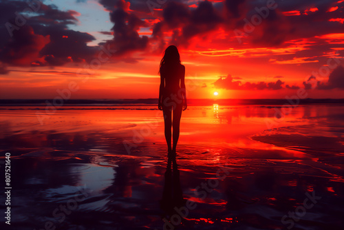 赤い夕焼けに染まる湖の上に立つ女性がいる風景
